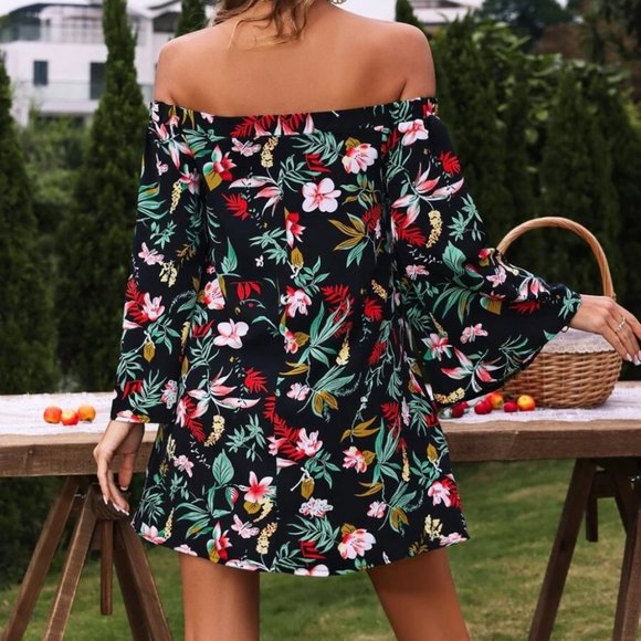 Off Shoulder Dress Tropical Print - Picture 5 of 6